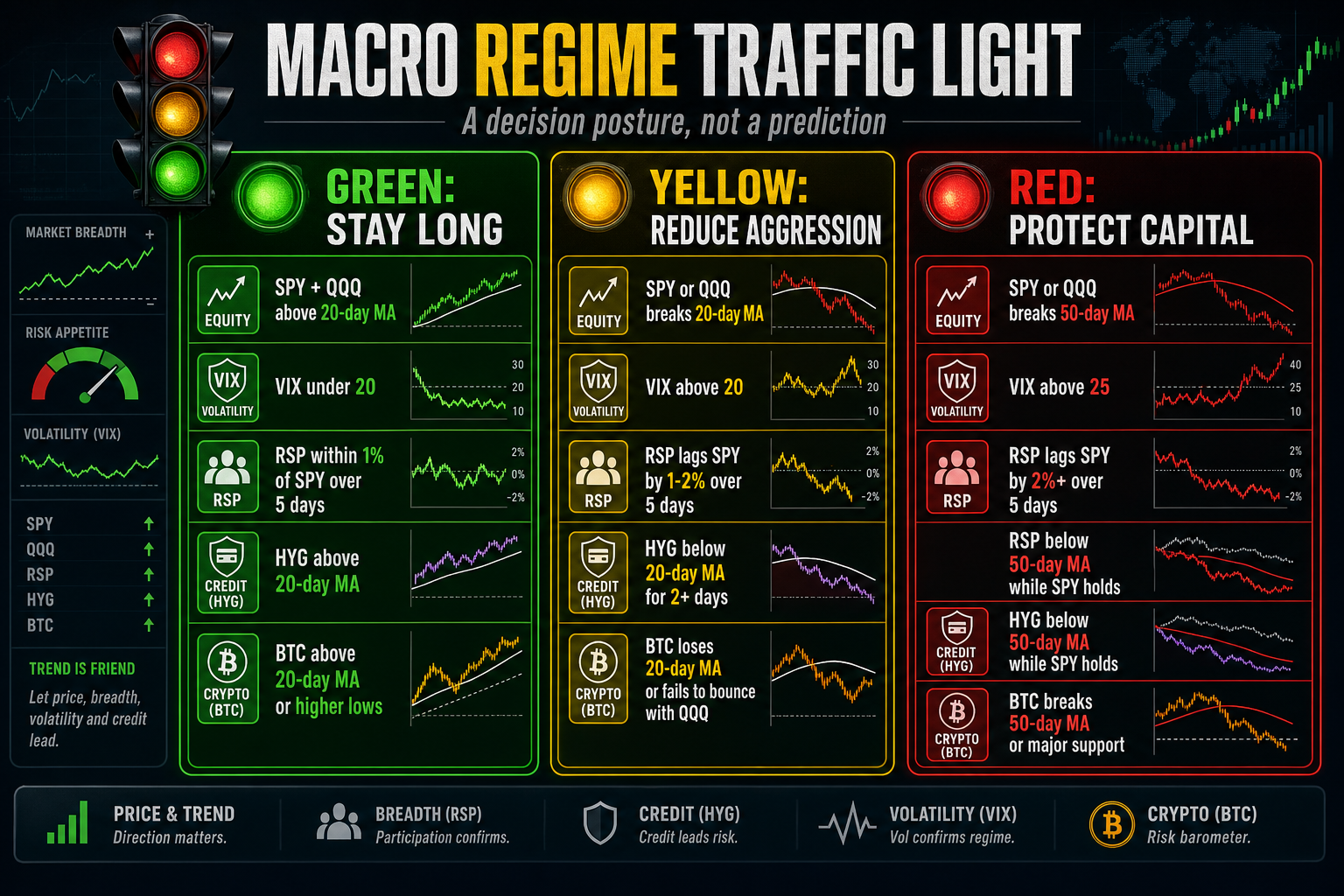 Macro regime traffic light cheatsheet with green stay long, yellow reduce aggression, and red protect capital rules.